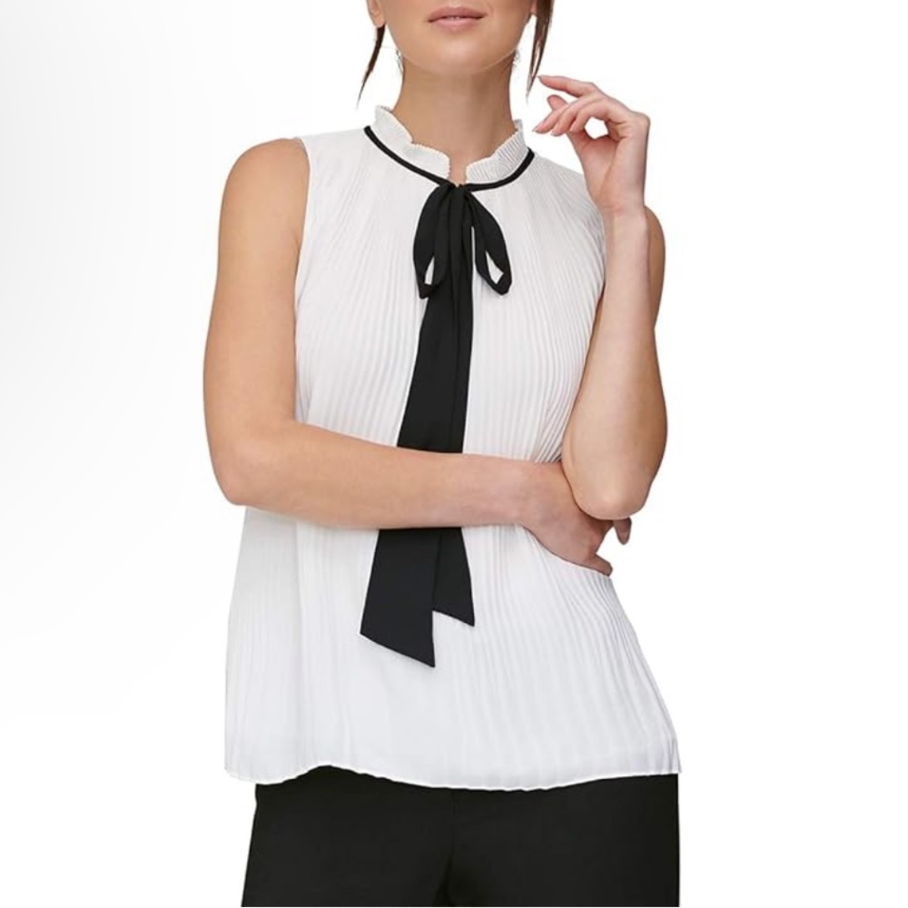 DKNY Women's Sleeveless Pleated Top with Tie Neck